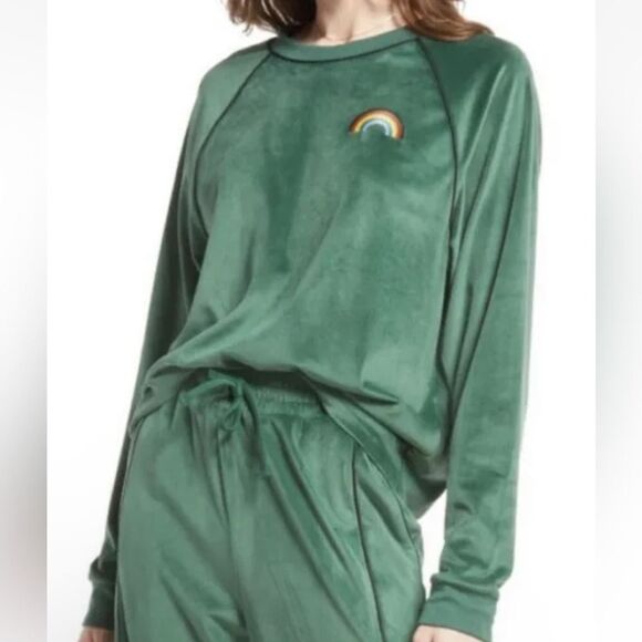 Nordstrom BP Rainbow Embroidery Velour Sweatshirt Raglan Sleeve Top Green S - Picture 1 of 9